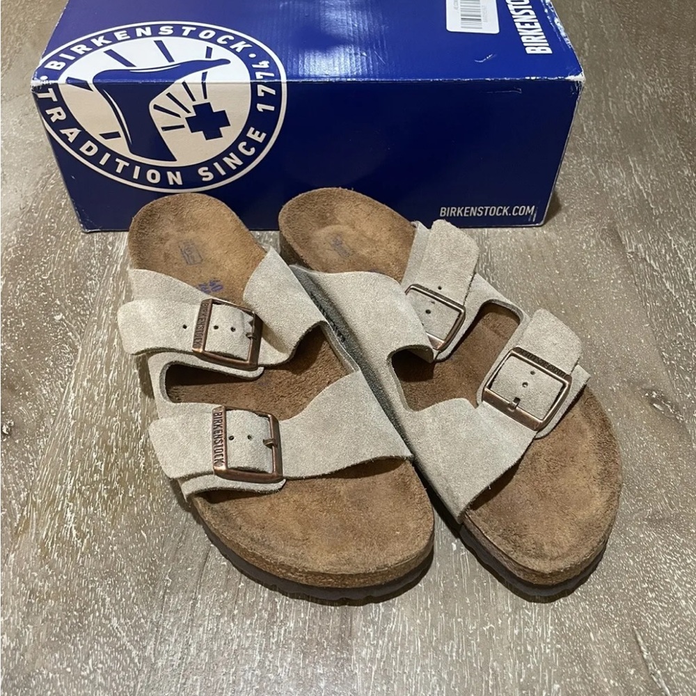 Birkenstock Arizona Sandals Shoes Taupe Suede Leather Ladies 9 Men 7 Euro 40 N